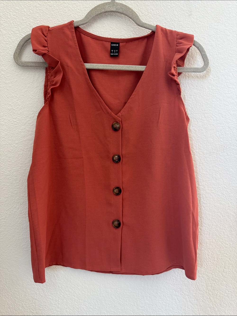 SHEIN Rust Red Button-Front Ruffle Sleeve V-Neck Top